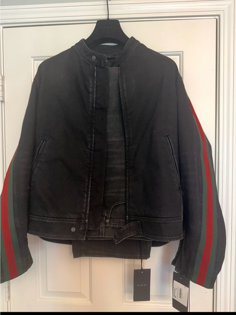 Gucci Black Bomber Jacket with Red and Green Sleeve Stripes